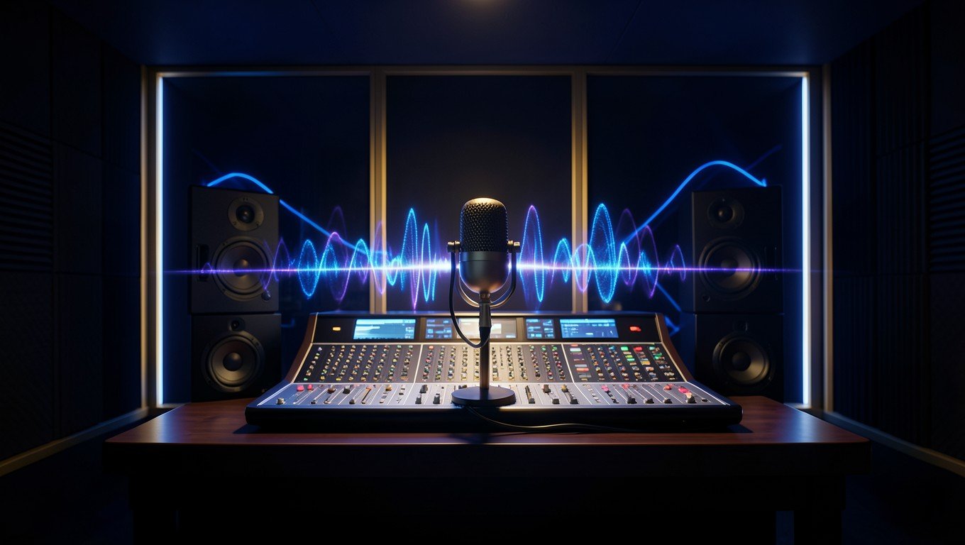 Estudio de radio profesional con micrófono y consola